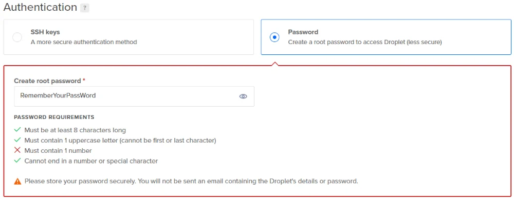DigitalOcean SSH Key Droplet Password Setting